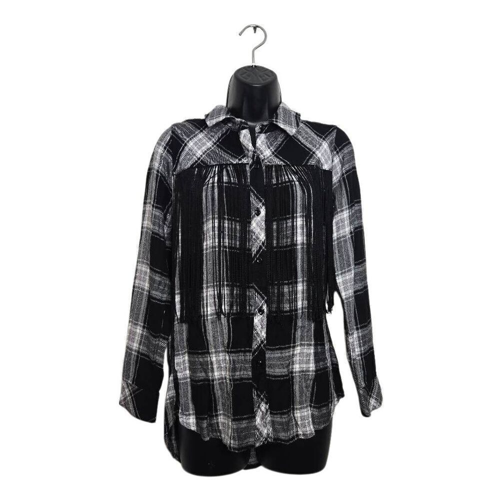 Rails Plaid Western Button Down Size Small Fringe Top Shirt Black White